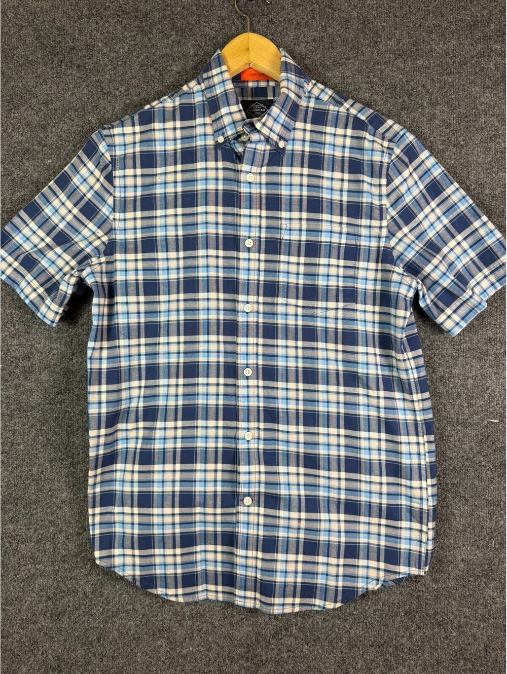 St Johns Bay Men Small Short Sleeve Button Down Plaid Shirt Blue Comfort Flex